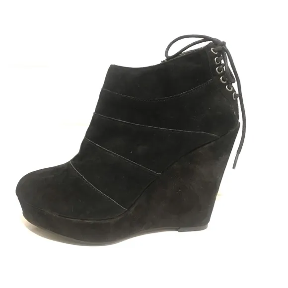 NEW Black Leather Corset Lace-Up Real Suede Goth Ankle Booties: Wedges size 8