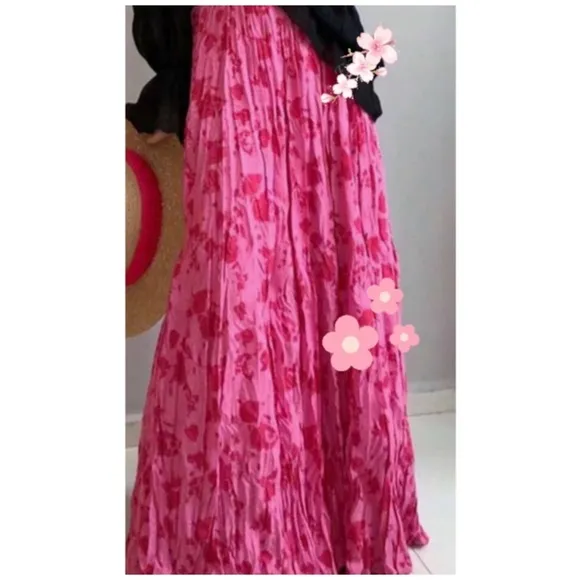 NEW! Boho Hot Pink Floral Print StretchyWaist Maxi Skirt