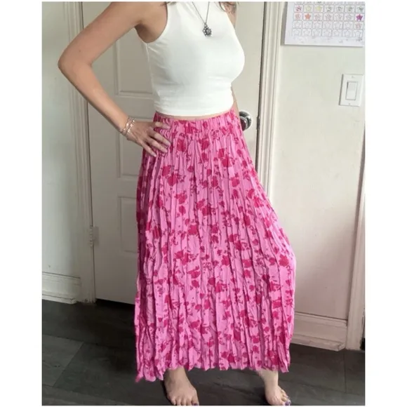 NEW! Boho Hot Pink Floral Print StretchyWaist Maxi Skirt