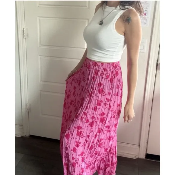 NEW! Boho Hot Pink Floral Print StretchyWaist Maxi Skirt