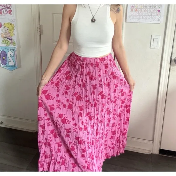 NEW! Boho Hot Pink Floral Print StretchyWaist Maxi Skirt