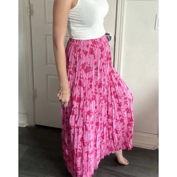 NEW! Boho Hot Pink Floral Print StretchyWaist Maxi Skirt