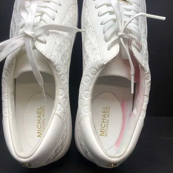 NEW MICHAEL KORS EMMETT LACE-UP EMBOSSED MK LOGO WHITE SHOES SZ 8.5 MSRP $155.00