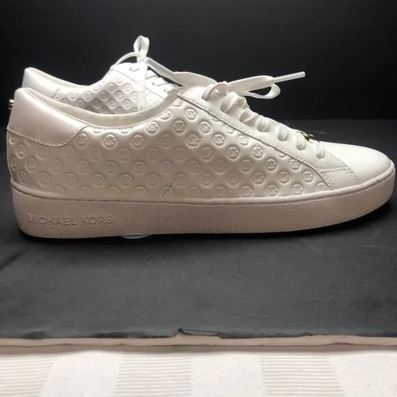 NEW MICHAEL KORS EMMETT LACE-UP EMBOSSED MK LOGO WHITE SHOES SZ 8.5 MSRP $155.00