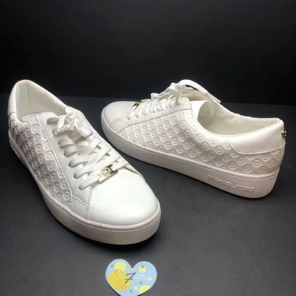 NEW MICHAEL KORS EMMETT LACE-UP EMBOSSED MK LOGO WHITE SHOES SZ 8.5 MSRP $155.00