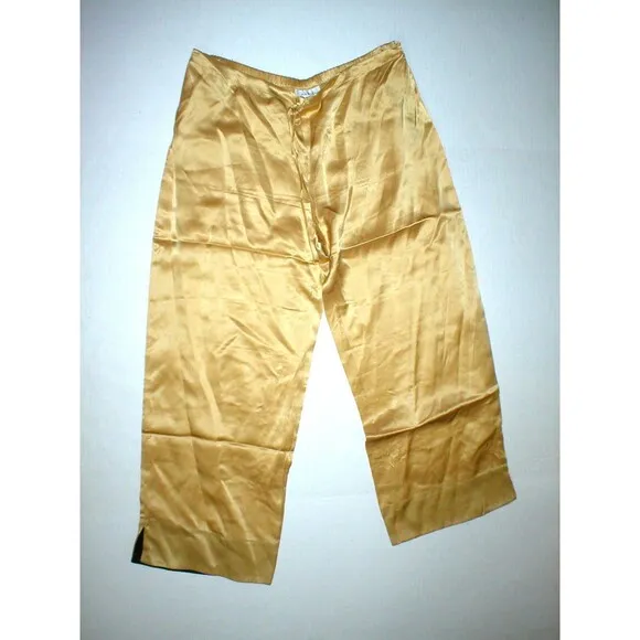 New NWT Designer Natori Gold Silk Pants Womens XS Lounge Sleep Crop Date Cool