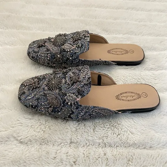 New Paisley Rhinestone Mules Flats Slip On Shoes Size 7