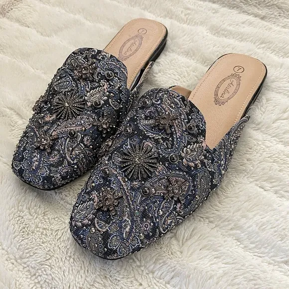 New Paisley Rhinestone Mules Flats Slip On Shoes Size 7