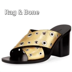 NEW Rag &amp; Bone Gold Leather Grommet Paige Block Heel Slide sandals 7M $495 #3025