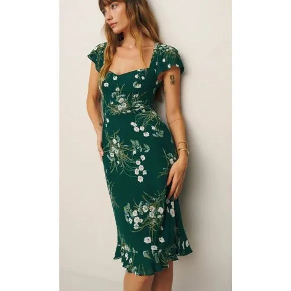 NEW Reformation Rosi Sweetheart Dress Floral Lined Open Back Green Size 8