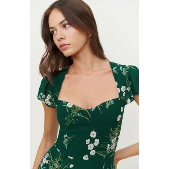 NEW Reformation Rosi Sweetheart Dress Floral Lined Open Back Green Size 8