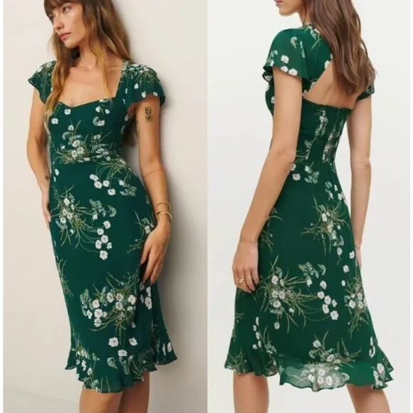 NEW Reformation Rosi Sweetheart Dress Floral Lined Open Back Green Size 8