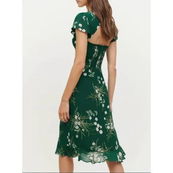NEW Reformation Rosi Sweetheart Dress Floral Lined Open Back Green Size 8
