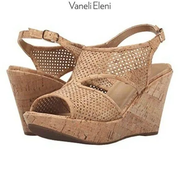 NEW VANELI Eleni Natural Cork Wedge Sandals Gold Buckle Open Toe Heels Size 11M