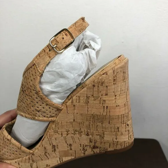 NEW VANELI Eleni Natural Cork Wedge Sandals Gold Buckle Open Toe Heels Size 11M