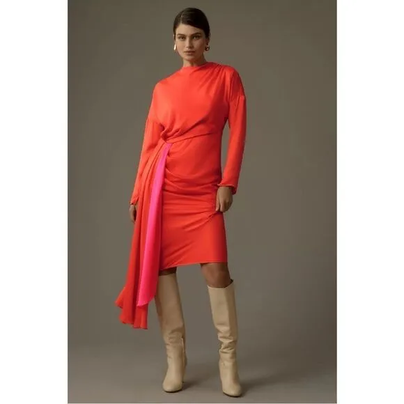 NEW Anthropologie Essentiel Antwerp Estelle Asymmetrical Draped Midi Dress Sze 2