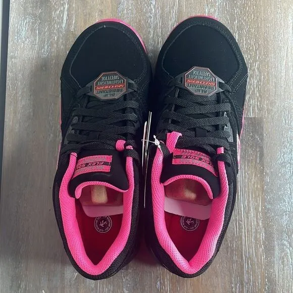 NEW IN BOX- Skeckers Work Alloy Toe Slip Resistant Work Shoes 6.5 Black/Pink