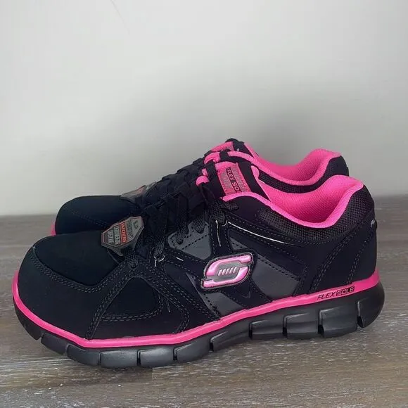 NEW IN BOX- Skeckers Work Alloy Toe Slip Resistant Work Shoes 6.5 Black/Pink