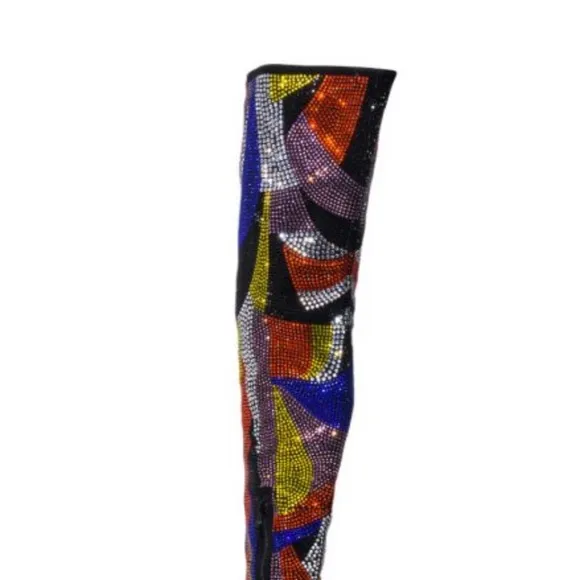 NIB Azalea Wang GLAMOROUS-MULTI CRYSTAL THIGH HIGH STILETTO BOOT - Size 8