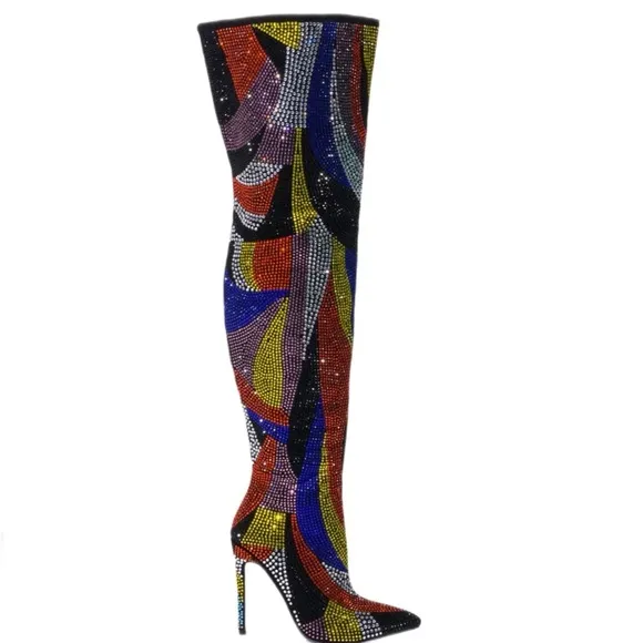NIB Azalea Wang GLAMOROUS-MULTI CRYSTAL THIGH HIGH STILETTO BOOT - Size 8