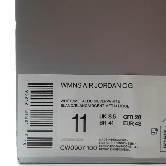 Nike Air Jordan OG White Metallic Silver Women's Size 11 CW0907 100 Mens 9.5