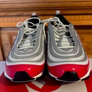 Nike Air Max 97 White Gray &amp; Red Lace Up Running Sneaker Shoes Size 10.5
