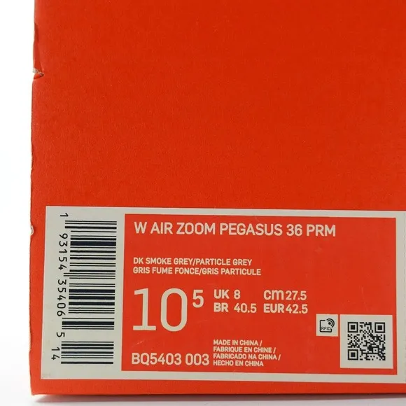 Nike Air Zoom Pegasus 36 PRM Womens 10.5 Smoke Particle Grey BQ5403 003 Mens 9