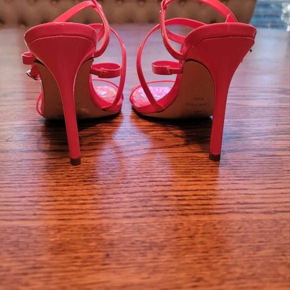 Nine West Tilas Neon Hot Pink Patent Leather Square Strappy Sandal Heels Shoes