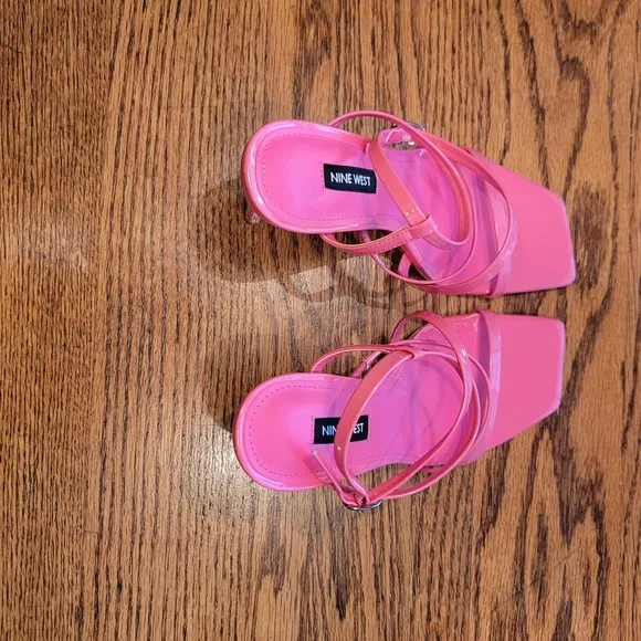 Nine West Tilas Neon Hot Pink Patent Leather Square Strappy Sandal Heels Shoes
