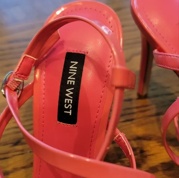 Nine West Tilas Neon Hot Pink Patent Leather Square Strappy Sandal Heels Shoes