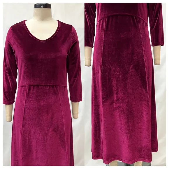 Norm Thompson Deep Burgundy Wine Red 3/4 Sleeve Velvet Long Dress