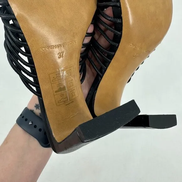 NWOB Jonathan Simkhai Audra Macrame Heeled Square Toe Sandals Black 37 US 7
