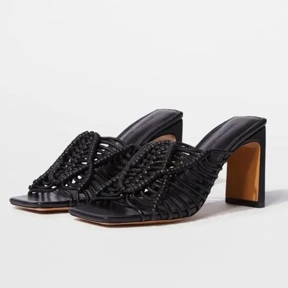 NWOB Jonathan Simkhai Audra Macrame Heeled Square Toe Sandals Black 37 US 7