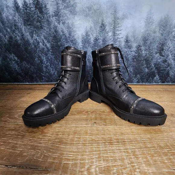 NWOT Jessica Simpson Karia Rhinestone Leather Combat Boots | Women's 8M