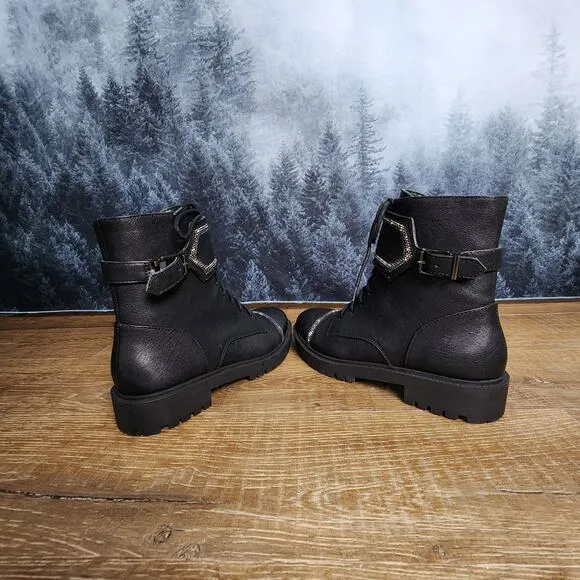 NWOT Jessica Simpson Karia Rhinestone Leather Combat Boots | Women's 8M