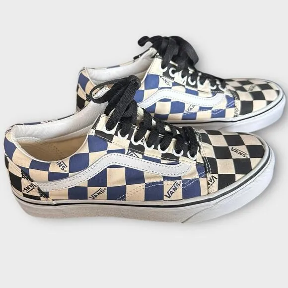 NWOT VANS OLD SCHOOL BIG CHECKERED SHOES Blue Black Cream WOMENS 8 MENS 6.5