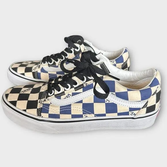 NWOT VANS OLD SCHOOL BIG CHECKERED SHOES Blue Black Cream WOMENS 8 MENS 6.5