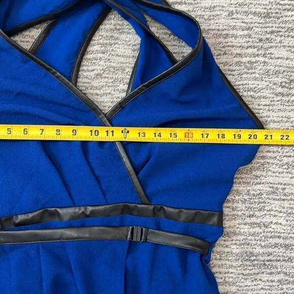 NWT Anthropologie Maeve V-Neck Mini Dress Royal Blue Black Faux Leather Trim 12