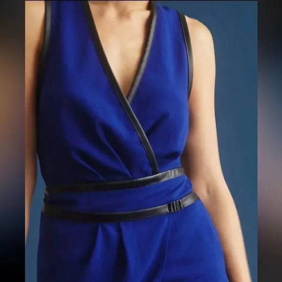 NWT Anthropologie Maeve V-Neck Mini Dress Royal Blue Black Faux Leather Trim 12