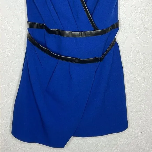 NWT Anthropologie Maeve V-Neck Mini Dress Royal Blue Black Faux Leather Trim 12