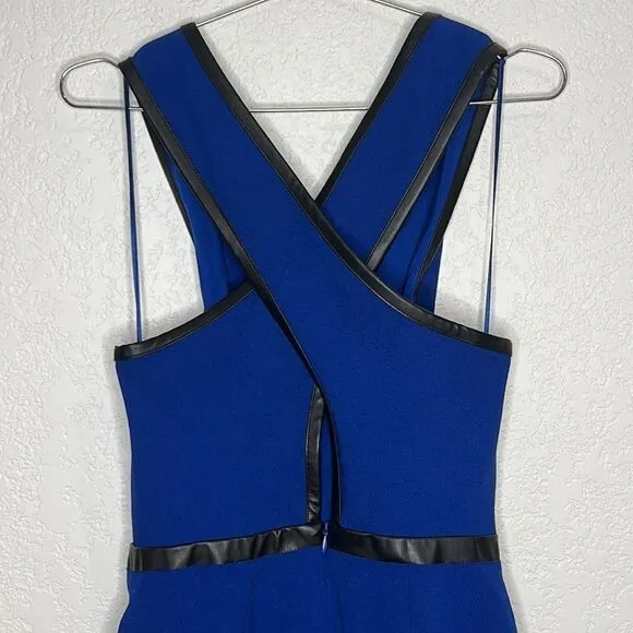 NWT Anthropologie Maeve V-Neck Mini Dress Royal Blue Black Faux Leather Trim 12