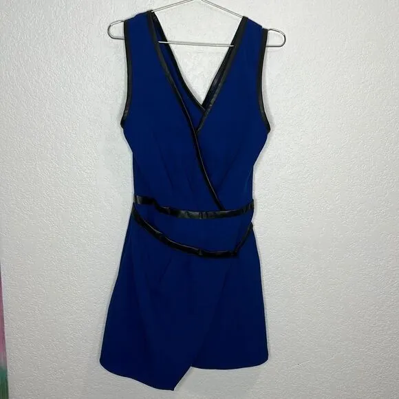 NWT Anthropologie Maeve V-Neck Mini Dress Royal Blue Black Faux Leather Trim 12