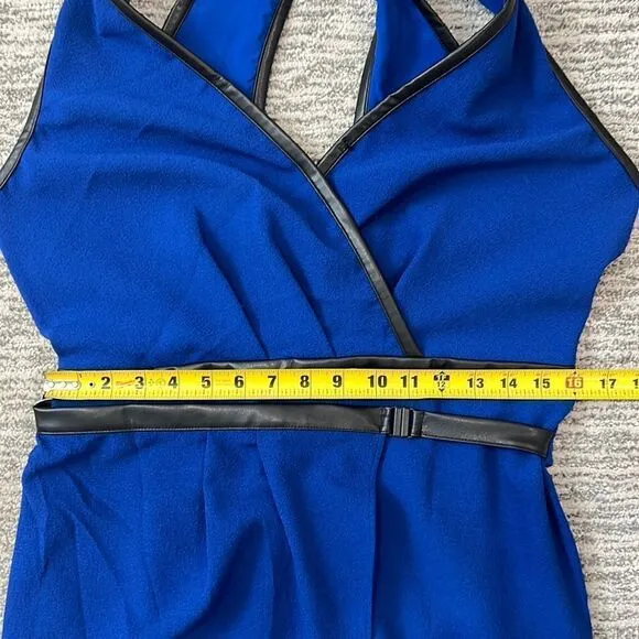 NWT Anthropologie Maeve V-Neck Mini Dress Royal Blue Black Faux Leather Trim 12