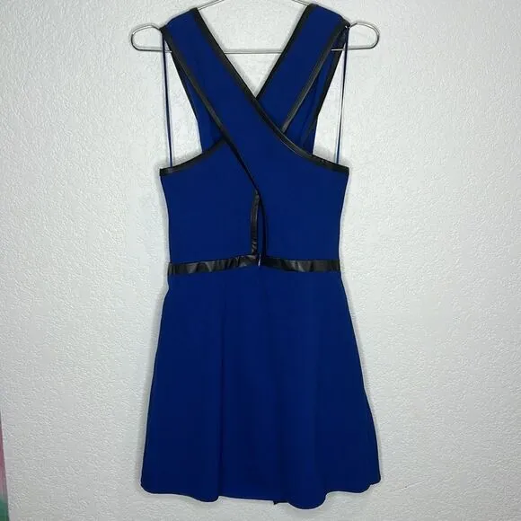 NWT Anthropologie Maeve V-Neck Mini Dress Royal Blue Black Faux Leather Trim 12