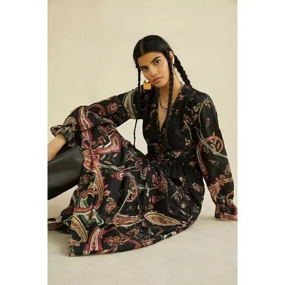 NWT ANTHROPOLOGIE Sz 10 PAISLEY MAXI DRESS In BLACK MOTIF