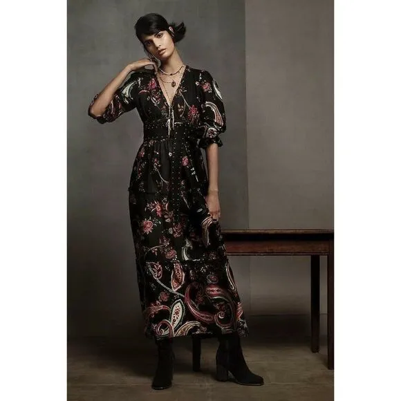 NWT ANTHROPOLOGIE Sz 10 PAISLEY MAXI DRESS In BLACK MOTIF