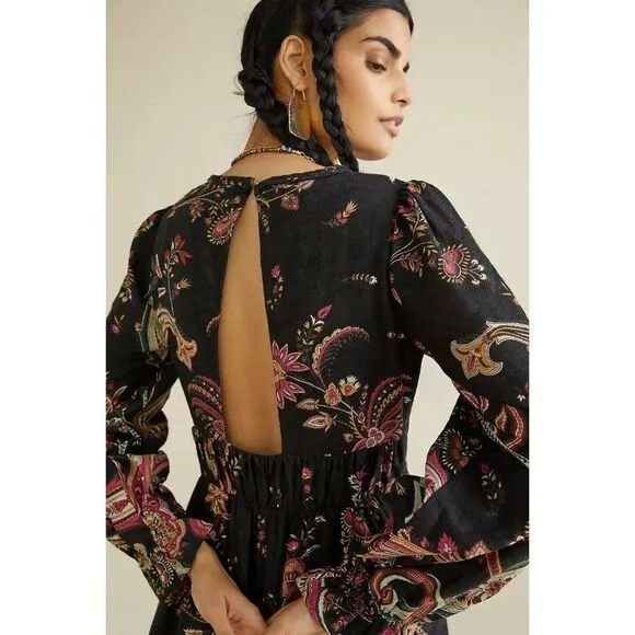 NWT ANTHROPOLOGIE Sz 10 PAISLEY MAXI DRESS In BLACK MOTIF