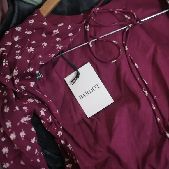 NWT Bardot &amp; Revolve Burgundy Floral Open Back Midi Dress.