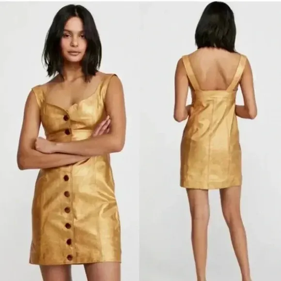 NWT Free People Goldie Metallic Gold Yellow Leather Button Party Mini Dress 10