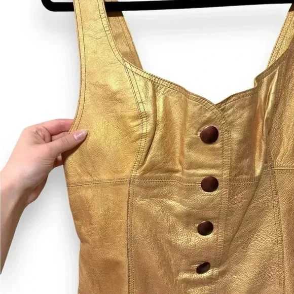 NWT Free People Goldie Metallic Gold Yellow Leather Button Party Mini Dress 10